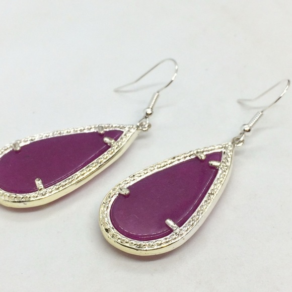 PURPLE NEPHRITE JADE TEAR DROP EARRINGS SILVER TONE DANGLE DROP CAGED - Picture 10 of 10